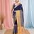Elegant blue and gold linen saree with striped borders