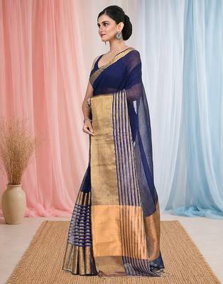 Elegant blue and gold linen saree with striped borders 2