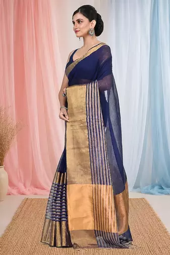 Elegant blue and gold linen saree with striped borders