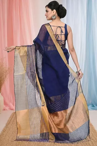 Elegant blue and gold linen saree with striped borders