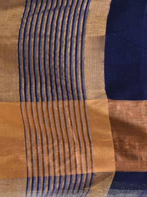 Elegant blue and gold linen saree with striped borders 4