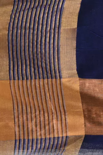Elegant blue and gold linen saree with striped borders