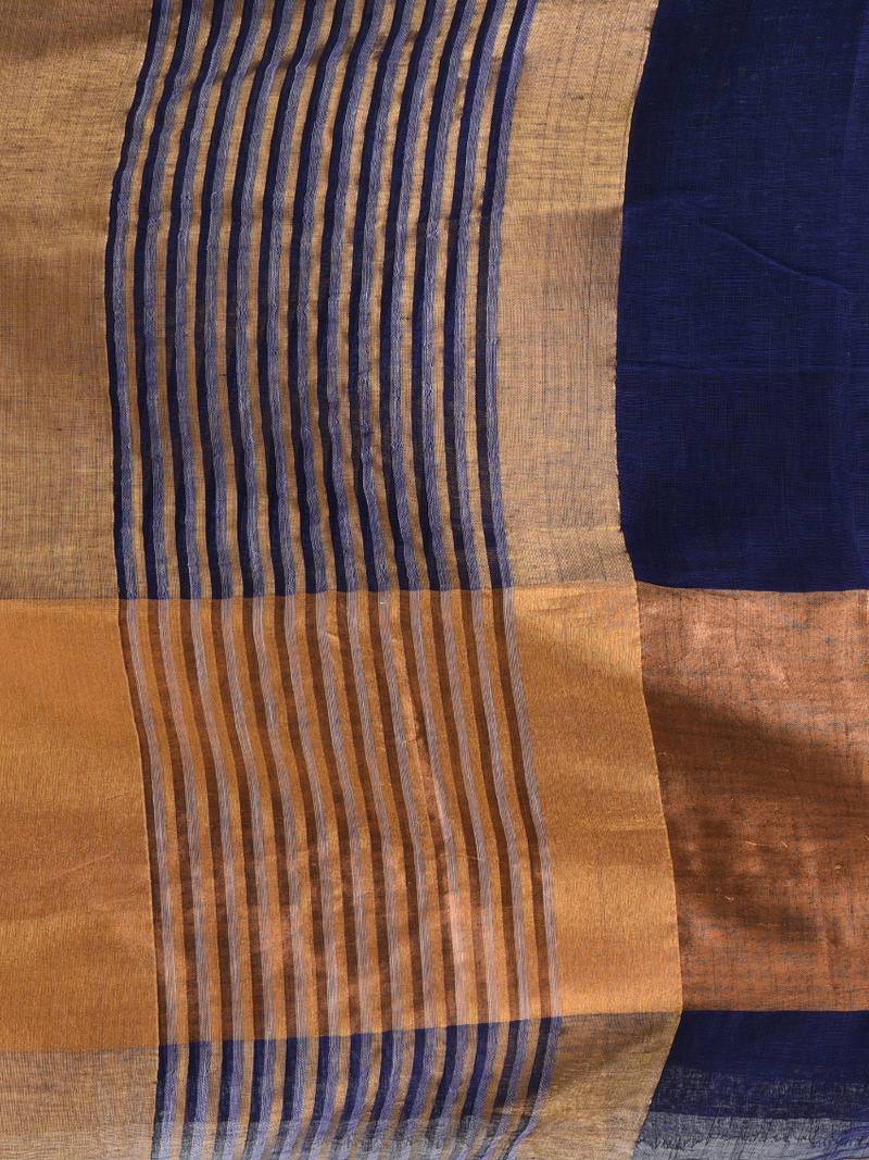 Elegant blue and gold linen saree with striped borders
