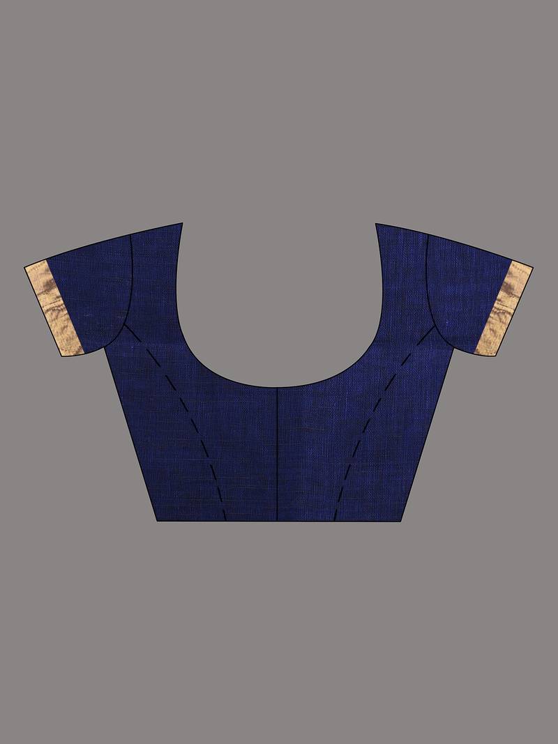 Elegant blue and gold linen saree with striped borders