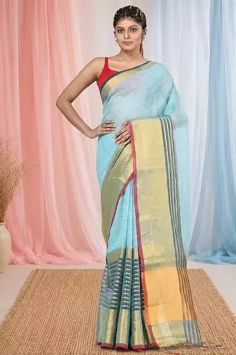 Elegant sky blue and gold linen saree with striped borders
