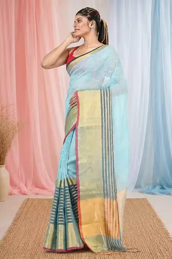 Elegant sky blue and gold linen saree with striped borders