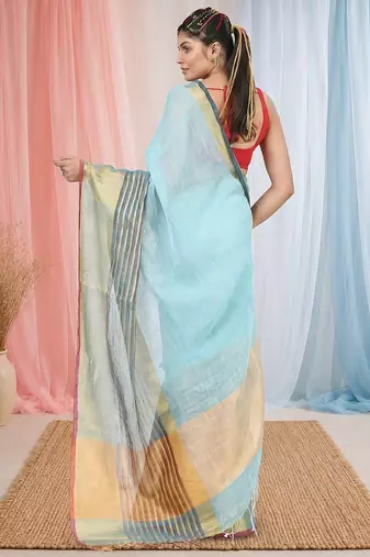 Elegant sky blue and gold linen saree with striped borders