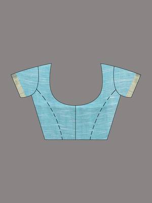 Elegant sky blue and gold linen saree with striped borders 4
