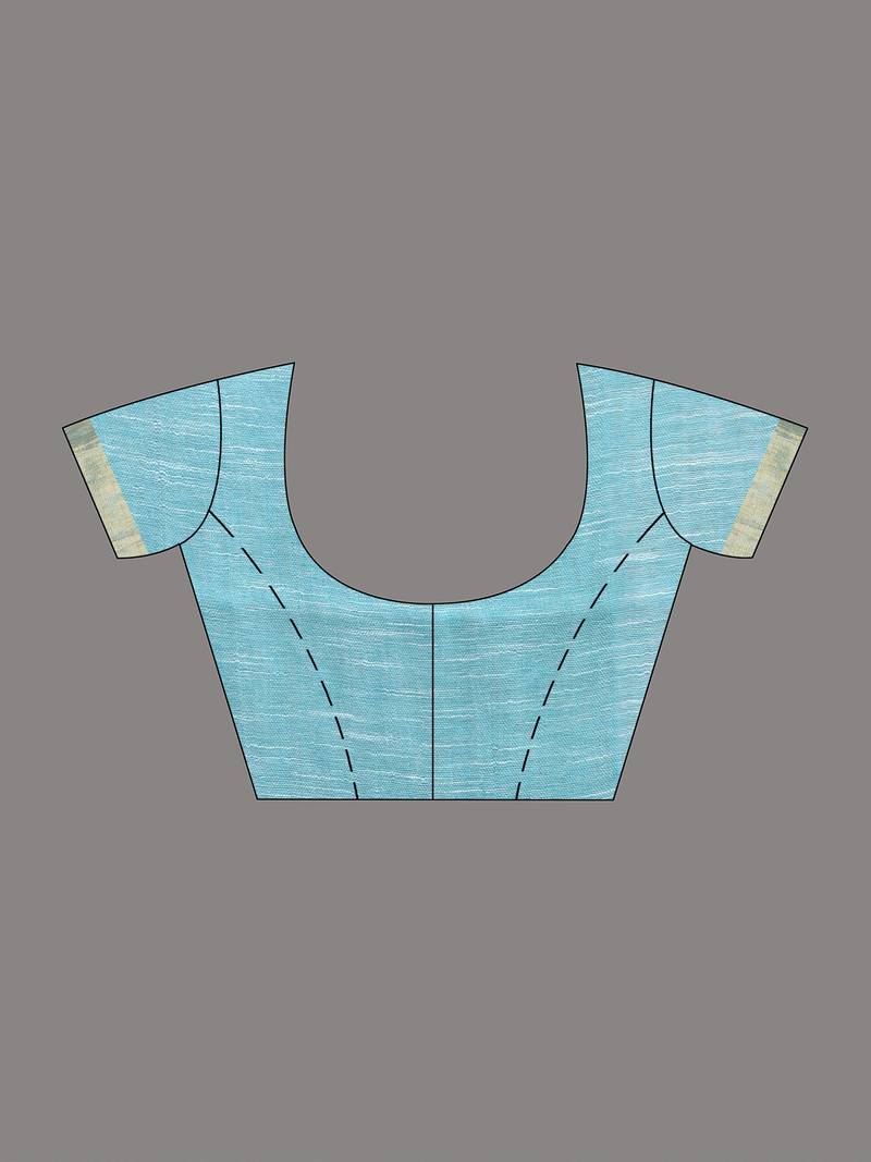 Elegant sky blue and gold linen saree with striped borders