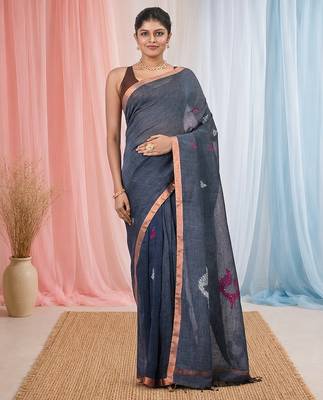 Grey linen saree with pink bird & texture motifs and zari borders 1