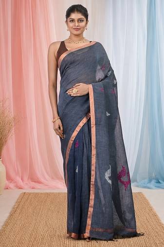 Grey linen saree with pink bird & texture motifs and zari borders