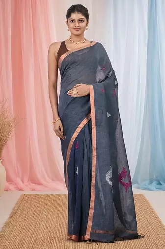Grey linen saree with pink bird & texture motifs and zari borders