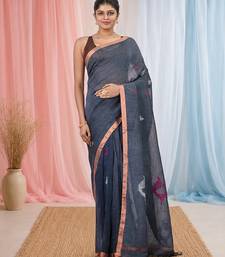 Grey linen saree with pink bird & texture motifs and zari borders