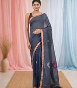 Grey linen saree with pink bird & texture motifs and zari borders