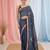Grey linen saree with pink bird & texture motifs and zari borders
