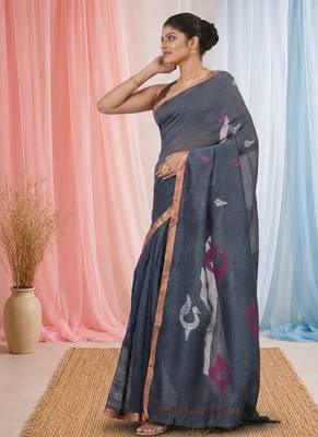 Grey linen saree with pink bird & texture motifs and zari borders 2