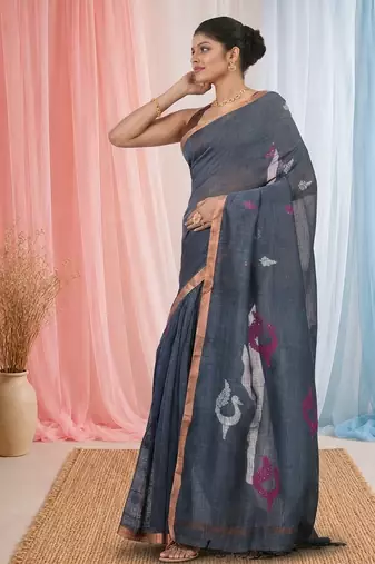 Grey linen saree with pink bird & texture motifs and zari borders