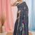 Grey linen saree with pink bird & texture motifs and zari borders