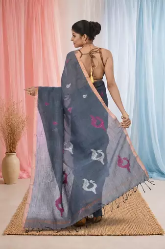 Grey linen saree with pink bird & texture motifs and zari borders