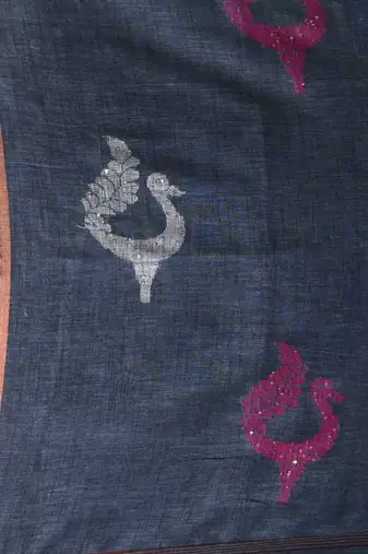 Grey linen saree with pink bird & texture motifs and zari borders