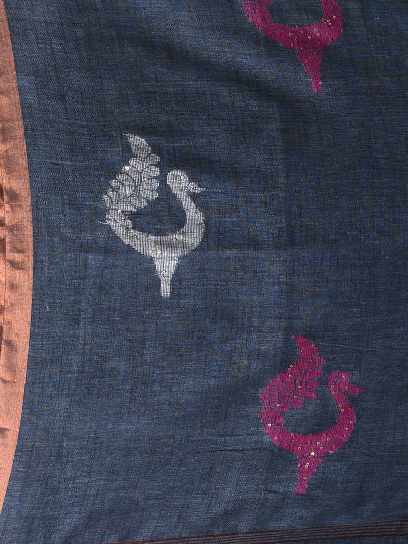 Grey linen saree with pink bird & texture motifs and zari borders