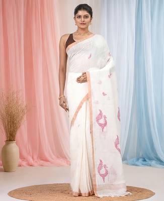 White linen saree with pink bird & texture motifs and zari borders 1
