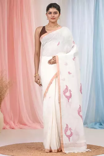White linen saree with pink bird & texture motifs and zari borders