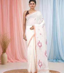 White linen saree with pink bird & texture motifs and zari borders