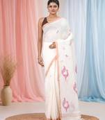 White linen saree with pink bird & texture motifs and zari borders