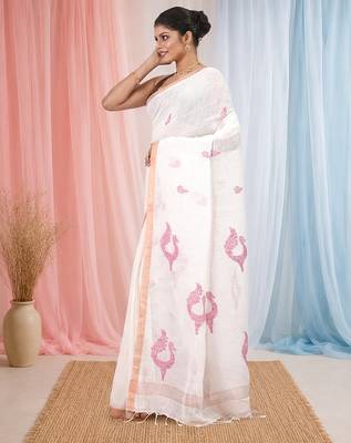 White linen saree with pink bird & texture motifs and zari borders 2