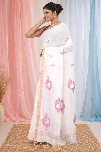 White linen saree with pink bird & texture motifs and zari borders