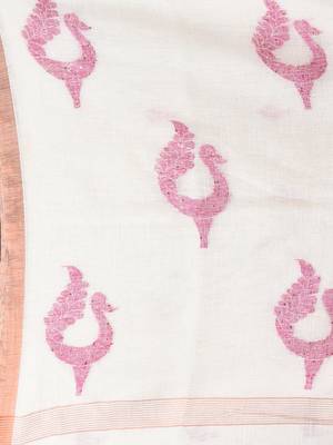 White linen saree with pink bird & texture motifs and zari borders 4