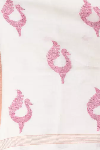 White linen saree with pink bird & texture motifs and zari borders