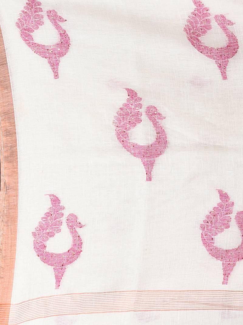 White linen saree with pink bird & texture motifs and zari borders