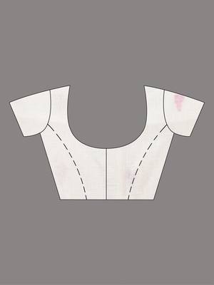 White linen saree with pink bird & texture motifs and zari borders 5