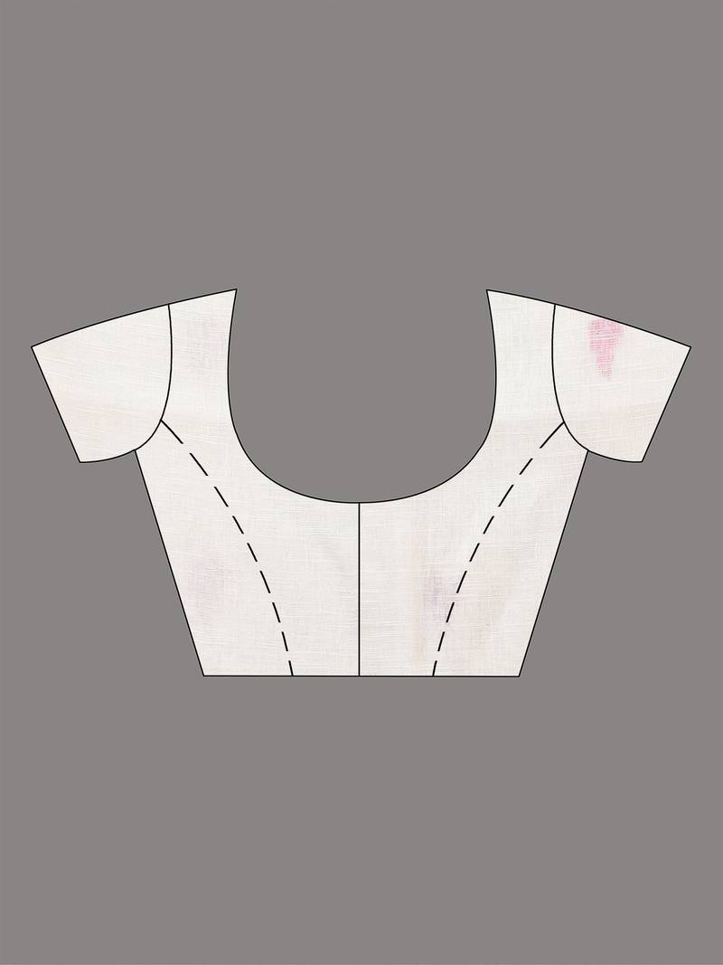 White linen saree with pink bird & texture motifs and zari borders