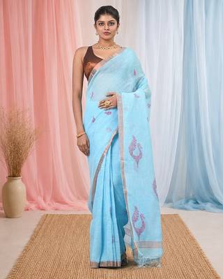 Sky blue linen saree with pink bird & texture motifs and zari borders 1