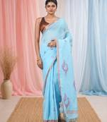 Sky blue linen saree with pink bird & texture motifs and zari borders