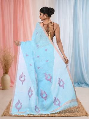 Sky blue linen saree with pink bird & texture motifs and zari borders 3