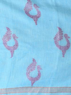 Sky blue linen saree with pink bird & texture motifs and zari borders 4
