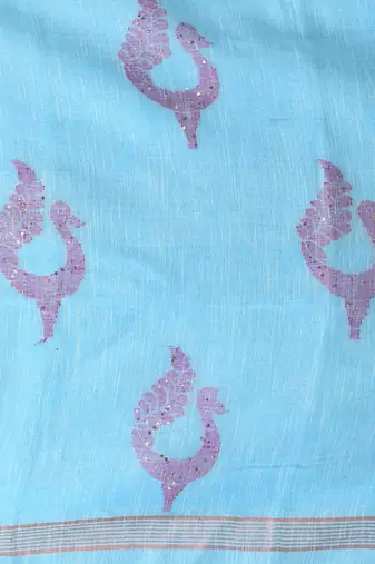 Sky blue linen saree with pink bird & texture motifs and zari borders