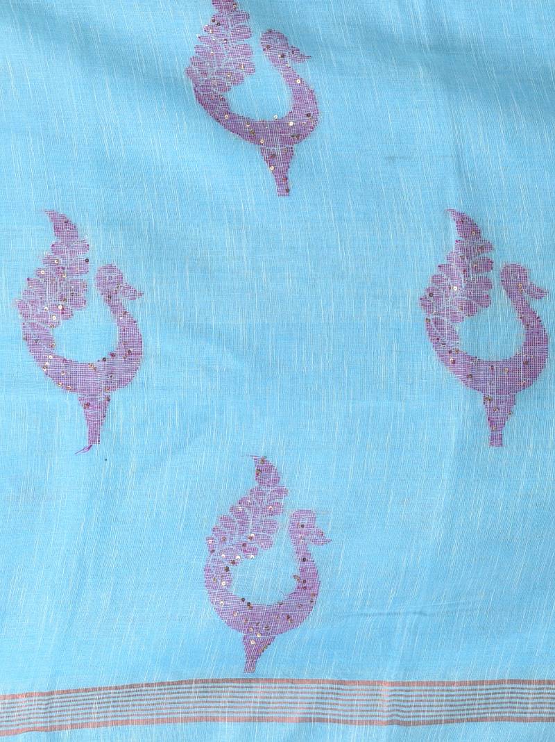 Sky blue linen saree with pink bird & texture motifs and zari borders