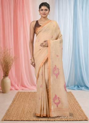 Beige linen saree with pink bird & texture motifs and zari borders 1