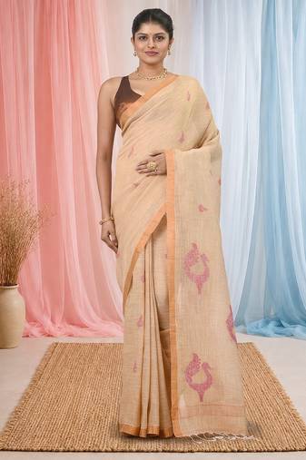 Beige linen saree with pink bird & texture motifs and zari borders