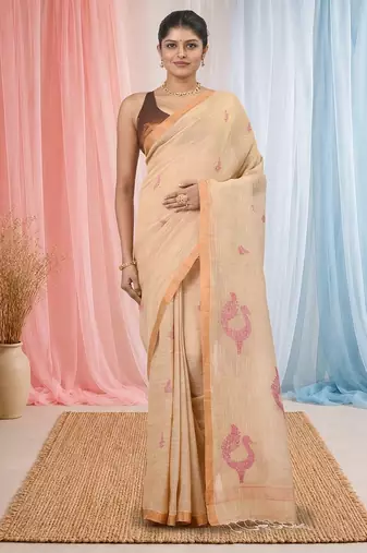 Beige linen saree with pink bird & texture motifs and zari borders