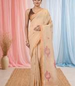 Beige linen saree with pink bird & texture motifs and zari borders
