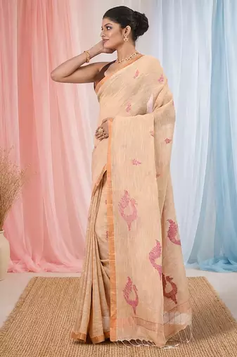 Beige linen saree with pink bird & texture motifs and zari borders