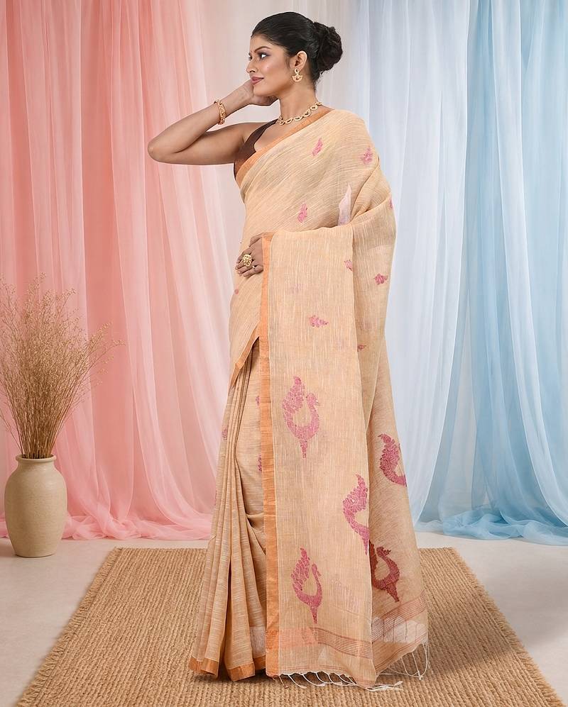 Beige linen saree with pink bird & texture motifs and zari borders