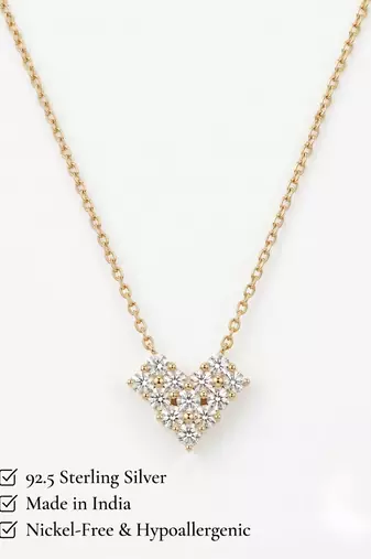 925 Sterling Silver Gold Plated Heart  Cluster CZ Pendant Necklace Set  for Women
