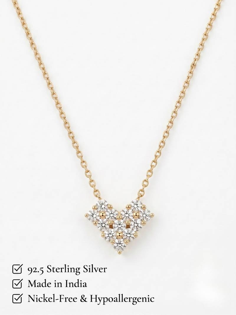 925 Sterling Silver Gold Plated Heart  Cluster CZ Pendant Necklace Set  for Women